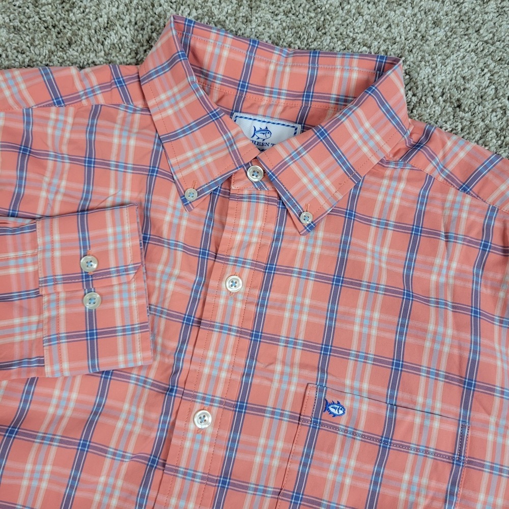 Southern Tide Performance Mens Large Orange Blue Plaid Stretch Button Down LS